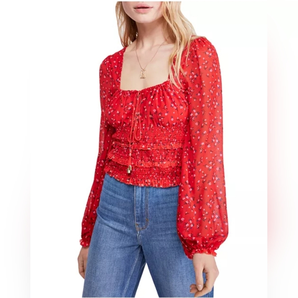 Free People Lolita Floral Peasant Top Red Ruched Ruffle Shirring Layered Top SzL